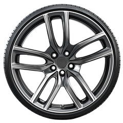 Glossy car wheel with black and chrome rim isolated