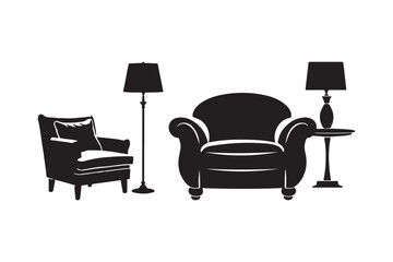 Fototapeta premium Living Room Furniture Silhouette Chair, Sofa, Lamp, Table Vector Art