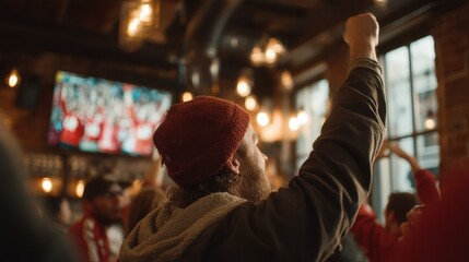 wide angle sports bar scene with fans reacting to international live match screen glowing with excitement