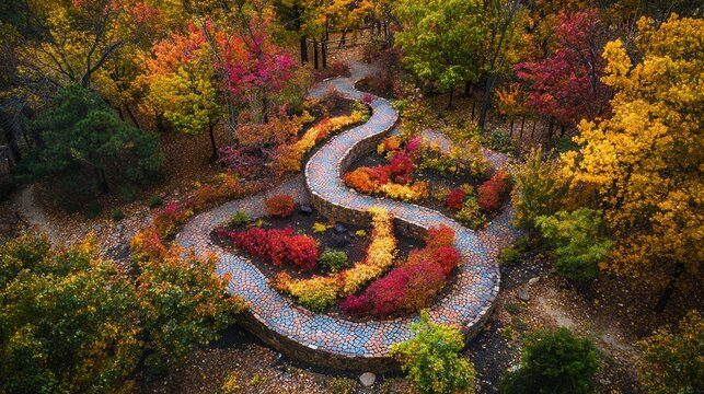 drone shot of dense forest in autumn, colorful red, orange, and yellow foliage, winding paths 