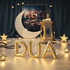 Luxurious Ramadan crescent embracing Golden lantern shining stars detailed rosary elegant 3D gold Dua typography in warm mystical cinematic setting embodying spirituality serenity and festive devotion