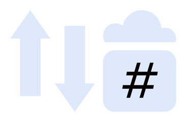 Up and down arrows beside cloud storage symbol with metadata tag, symbolizing data transfer, technology, and organization. Ideal for technology, data, cloud computing, synchronization, communication