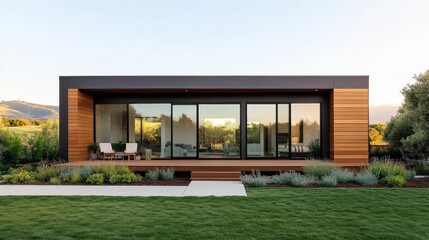 Modern Single-Story Home Extension Featuring Horizontal Design with Extensive Windows and Outdoor Living Space in Serene Landscape