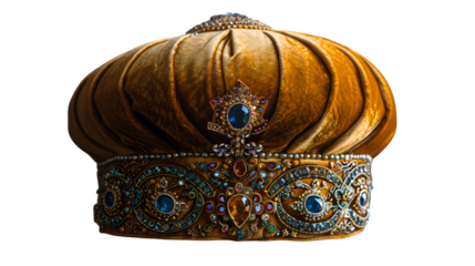 Kazakh skullcap with gold thread and beadwork, floating centered view, cultural hat  