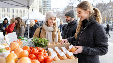 Friendly shoppers at outdoor market selecting fresh produce and baked goods during vibrant community event in urban setting