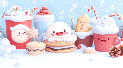 Cute and Playful Winter Dessert Characters in a Festive Atmosphere with Candy and Cookies