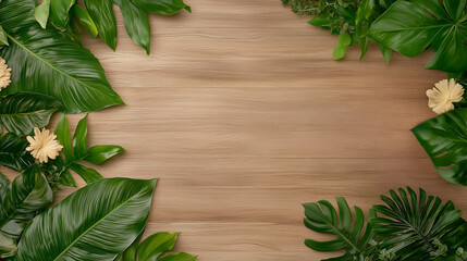 Lush Green Leaves and Light Floral Accents on Wooden Background for Natural Decor and Design Concepts