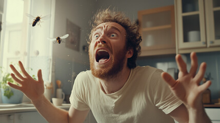 Frustrated man screaming at flying wasps in kitchen