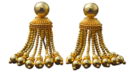 Luxury gold tassel earrings with beaded chain strands, symmetrical top-down view  