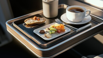 A tray table with an in-flight meal and coffee.