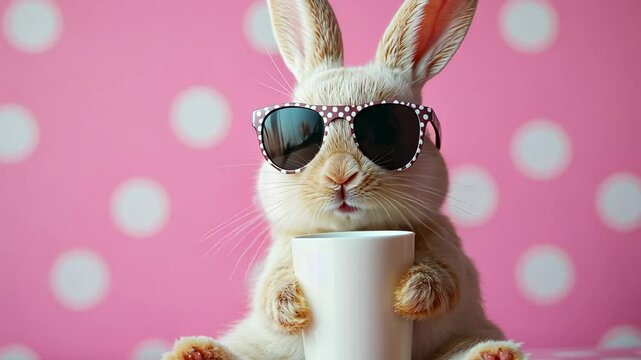 Charming Bunny with Sunglasses Enjoying Coffee on Pink Polka Dot Backdrop