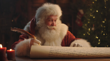 Obraz premium Santa Claus writes with a pen on a large paper scroll on the background of a Christmas decor.