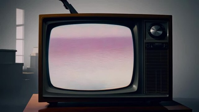 Vintage television displaying changing colorful static and glitches. Screen transitions through various color patterns from white noise to red strips, blue tint, and pink hues before fading to white.