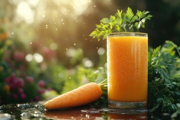 Refreshing carrot juice in a garden setting