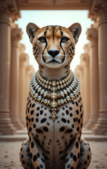 handsome gepard wearing precious necklace posing against ancient Egyptian temple. close up. Digital conceptual artwork. Ai generated