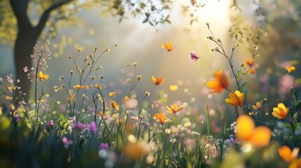 A field of wildflowers bathed in the warm light of sunrise, with butterflies fluttering among the blossoms.