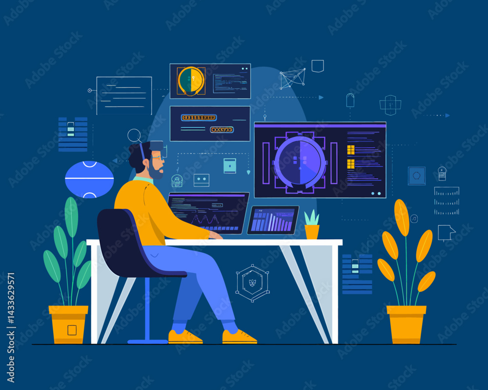 Poster data analyst working with multiple screens and visualizations in modern office