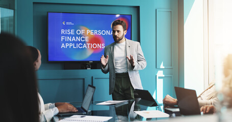 Business, people and man with finance presentation for personal financial apps, market overview and...