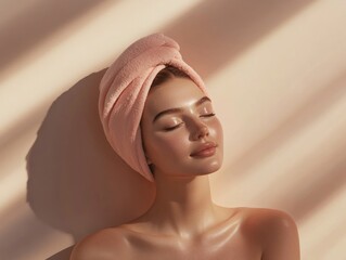 Fototapeta premium Relaxing woman with towel on head enjoying sunlight and tranquility in a serene beauty concept