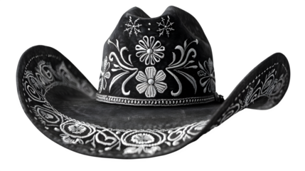 Mexican charro hat with silver embroidery placed on a pedestal, cultural item, isolated, sharp focus, white background 