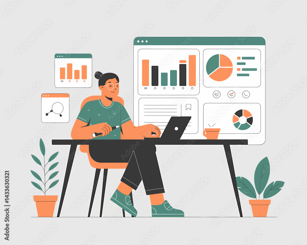 Poster data analyst working on laptop with dashboard visualizations for business performance and growth ins