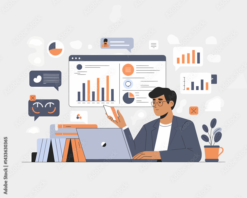 Poster data-driven decisions: professional analyzing business insights with charts and graphs, flat vector 