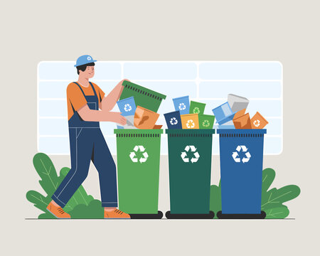 Worker segregating recyclable materials into color-coded recycling bins for sustainable waste management.