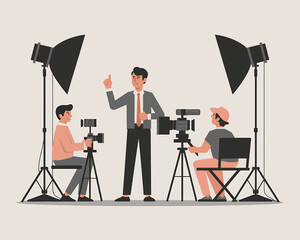 Film crew shooting with actor on set, movie production, broadcast industry vector illustration.