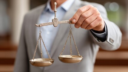 A high resolution studio shot of a businessman standing at a lectern holding scales of justice with courtroom columns blurred in background for legal seminar promotions