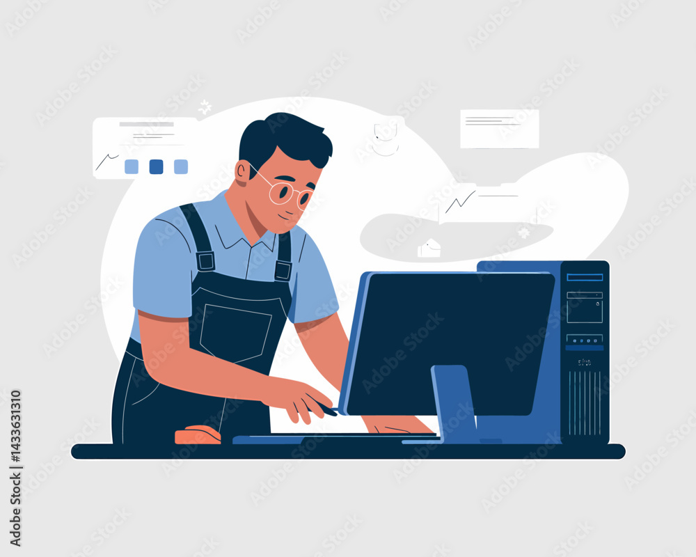 Poster man in overalls working on desktop pc with data charts