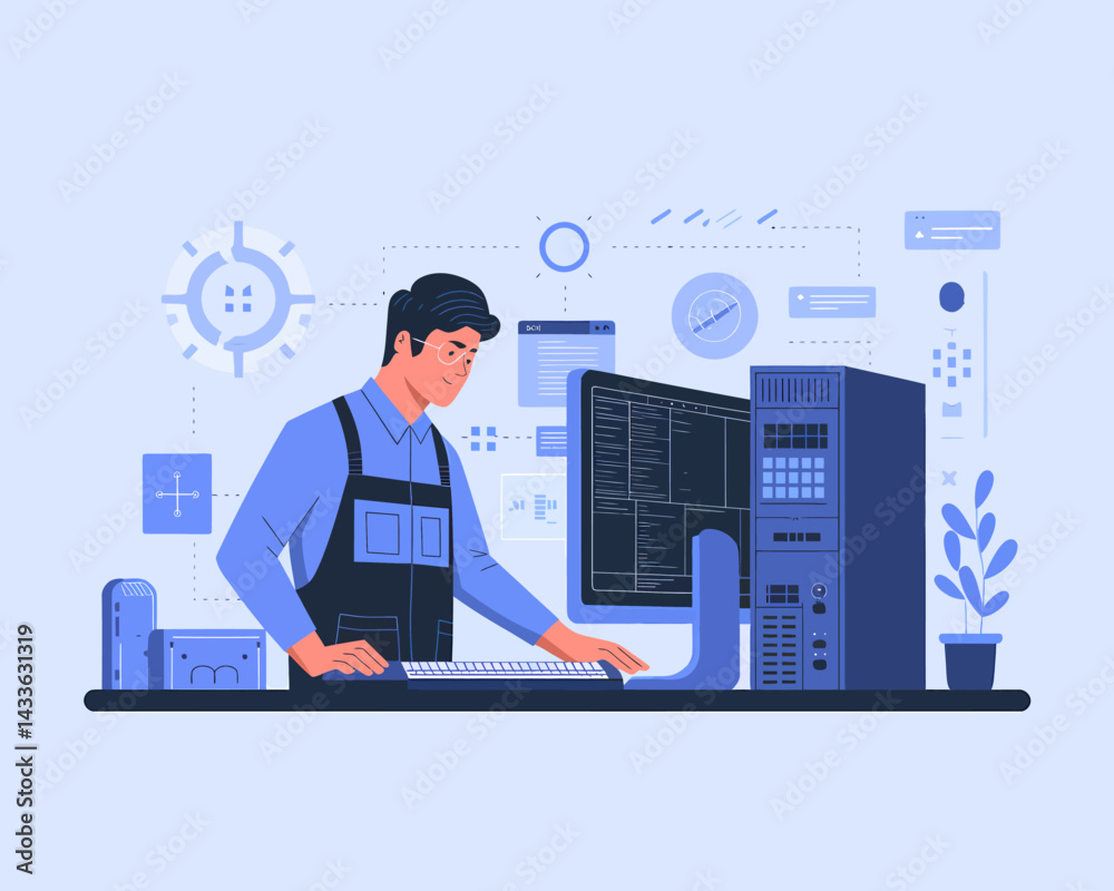 Poster system administrator working on computer network. it support specialist fixing pc problems. vector i