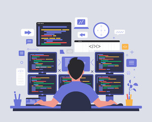 Software Developer Coding on Multiple Screens. Man Working on Web Development and Programming Project