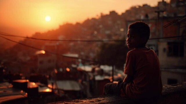 Boy sitting on a roof ledge in a favela turns to the camera and smiles. Static camera. 4K.