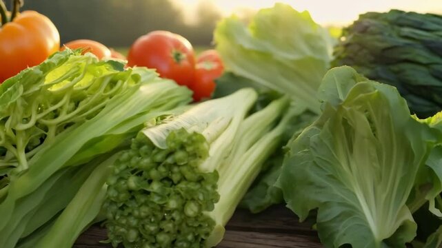 Fresh organic vegetables arranged on rustic wooden table, showcasing vibrant celery, lettuce, cabbage and ripe tomatoes. Soft light moves across produce highlighting natural textures and colors.