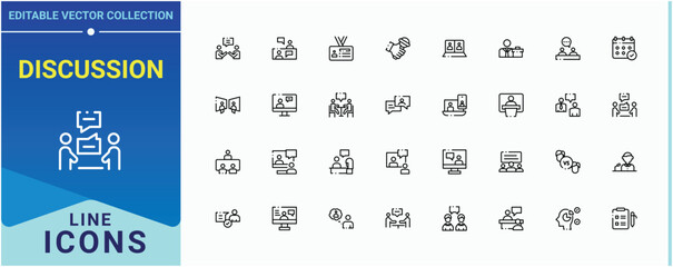 Discussion modern icon set. Contains outline symbols like employment, presentation, resume, recruit. Interview vector line icon set. Sign and Symbol. Editable vector illustration.