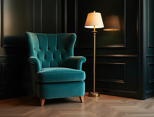 Art Deco scene: teal velvet chair, brass floor lamp, glossy black panel, glamorous evening light.
