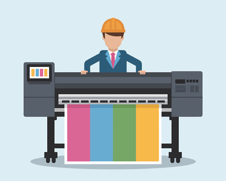 Flat Vector Illustration of a Man Operating a Large Format Color Plotter Printer for Posters or Banners