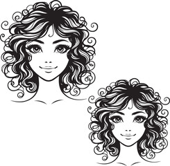 Two black and white illustrations show the smiling face of a young woman with curly hair, presented from slightly different perspectives.
