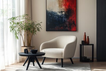 Modern Japandi living room featuring a beige armchair and abstract art for a serene atmosphere