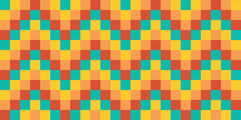 Colorful chessboard checkered texture with arrow sign. Fun abstract geometric design on retro 60s-70s style. Hippie funky design