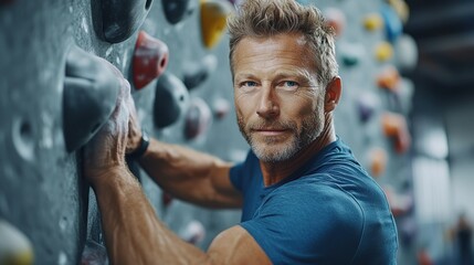 A determined man in his 40s, with a strong build, confidently climbs an indoor rock wall. He is looking at the camera, with a serious expression.