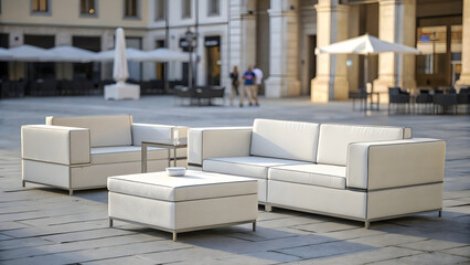 Modern outdoor seating set with white modular furniture, including sofa, armchair, and ottoman, arranged in sunny plaza. elegant design complements urban setting