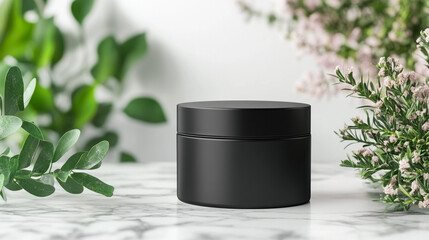 Sleek black cosmetic jar mockup surrounded by greenery  