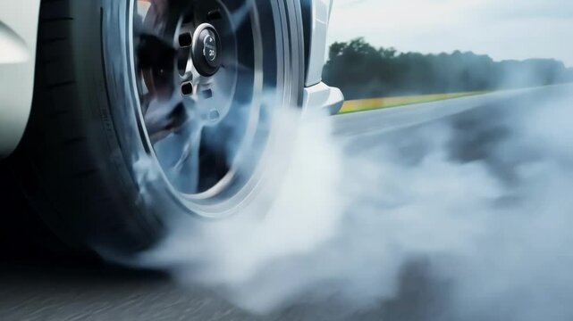Racing car wheel spinning rapidly with smoke and burnout on asphalt. Tire creates thick white smoke cloud while drifting at high speed on road, demonstrating powerful acceleration and friction.