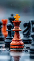 Red Chess King with Gold Crown in Rain