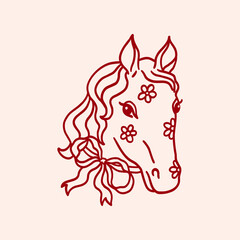 Silhouette of horse head with coquette bow ribbon and flowers. Hand drawn red ink vintage clipart. Whimsical trendy animal. Vector illustration y2k. Wild West tattoo or boho