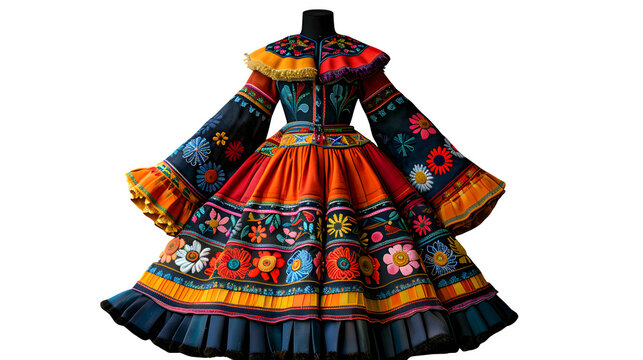 Sami people?s g?kti tunic in bright primary colors, layered display on flat surface, cultural attire  