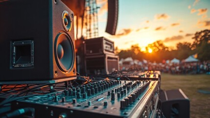 Fototapeta premium Close-up of a soundboard and speakers with a sunset and crowd in the background.