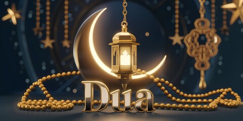 Obraz premium Luxurious Ramadan crescent embracing Golden lantern shining stars detailed rosary elegant 3D gold Dua typography in warm mystical cinematic setting embodying spirituality serenity and festive devotion