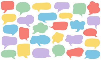 Set of colorful speech bubble shapes in flat style. Cartoon text frames for communication, dialogue, message, chat, poster, sticker, or social media design isolated on white background.